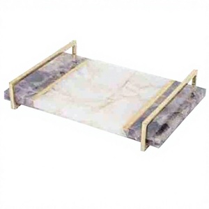 Plateau en marbre fantaisie à succès avec poignée en métal plaqué or, design rectangulaire moderne, lot multi-pièces pour hôtels et salles de bain - Product Image 1