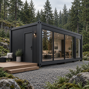 Casa Contenedor Moderna Minimalista con Paredes de Vidrio y Terraza de Madera, Diseño de Espacio de Vida Rectangular - Product Image 1