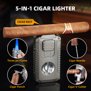 Briquet torche à cigares JH Wholesale sans logo, pas cher, <span class=keywords><strong>avec</strong></span> coupe-cigares intégré, porte-cigares et <span class=keywords><strong>aiguille</strong></span> – Accessoires 5-en-1 pour cigares - Product Image 4