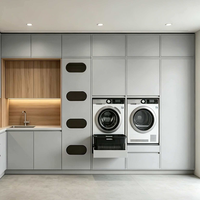 Meuble de buanderie minimaliste, tons clairs, avec lave-linge, sèche-linge, évier et éclairage LED, rangement élégant à découpe pour appartements, villas et buanderies.