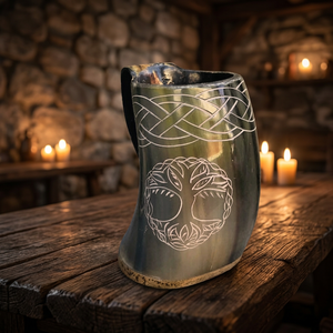 Jarra Vikinga de Cuerno de Buey Auténtico, Ecológica, Duradera, Ligera, Estilo Americano, para Camping, Cerveza, Vino, con Tapa de Bambú, Diseño Único - Product Image 1