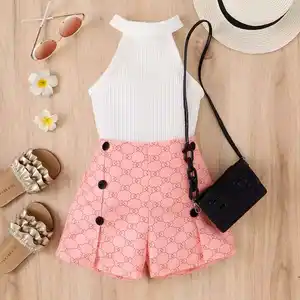 90 To 130 Summer Kids Clothing Set Cotton Halter Neck Vest Shorts Waist Toddler Girls Clothing Soft Girls Boutique Clothing