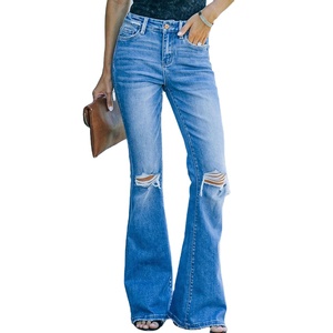 Pantalones de mezclilla acampanados con roturas, impermeables, de tiro medio, con lavado desgastado, estilo casual para <span class=keywords><strong>mujer</strong></span> - Product Image 1