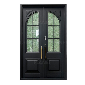 Porte d'entrée double classique française noire mate avec verre texturé cintré - Product Image 4