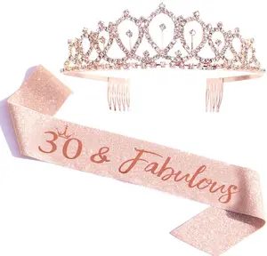 30th tiara nupcial Suppliers-Qinwen-Tiara de fiesta de 30 cumpleaños, banda de satén increíble y Tiara de cristal, corona de cumpleaños para suministros de fiesta