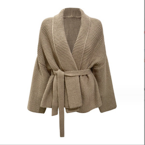 Cardigans de Inverno Elegantes com Cinto, Jaqueta de Gola Reversa Francesa, Cardigans Tricotados de Comprimento Médio para Mulheres - Product Image 1