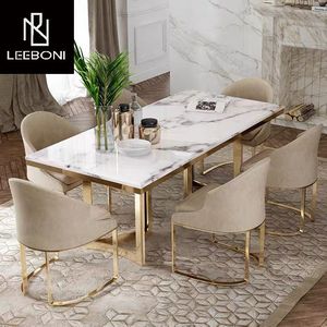 Phổ Biến Nhất Đồ Nội Thất Vàng Thép Không Gỉ Sang Trọng Hiện Đại 6 Chỗ Ngồi Hình Chữ Nhật Thiết Kế Bằng Đá Cẩm Thạch Bàn Ăn - Product Image 1