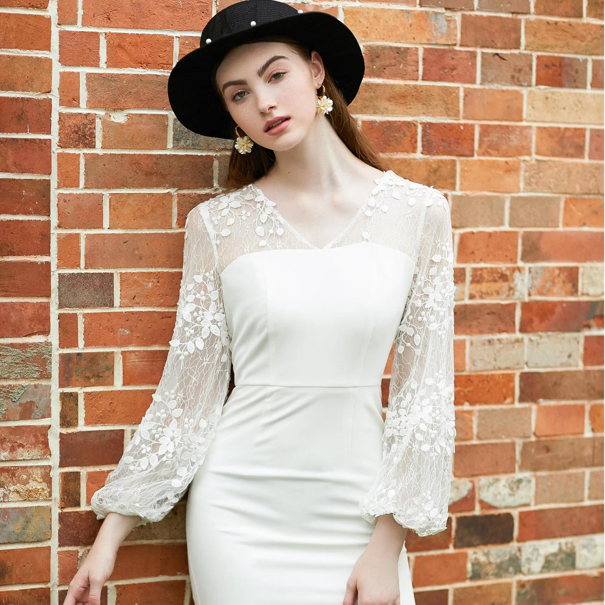 White Lace Gown - Elegant Floor-Length for Slim Ladies