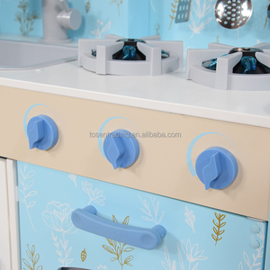 Grande cuisine de jeu en bois bleue pour enfants avec réfrigérateur vintage, micro-ondes, cuisinière et évier, ensemble de cuisine d'imitation haut de gamme - Product Image 5