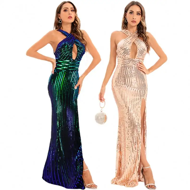 Samcci New Design Luxury Sleeveless Sexy Side Slit Hollow Out Halter Sequin Evening Dresses Ladies Prom Dresses Party Dress