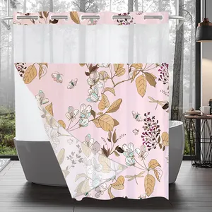 Rideau de douche floral sans crochet avec doublure à pression rideau de douche en tissu imperméable botanique à fleurs rouges pour salle de bain