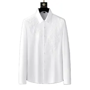 Vintage Embroidered Shirts Men's 2024 Spring Seamless Elastic Slim Casual Business Dress Shirt Social Tuxedo Blouse Men Clothing