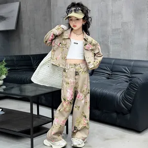Nieuwe Mode Tienermeisjes Kleding Set Lange Mouwen Flower Print Denim Jasje Jas + Jeans Broek Kleding Set Voor Kinderen - Product Image 4