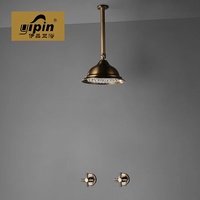 Set Keran Pancuran Hujan dengan 2 Tuas Kontrol Tersembunyi Kuningan Antik 8" Bulat Motif Bunga Mawar Emas Kontemporer Tuas Ganda