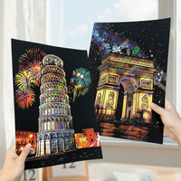 Papel de Rascar con Paisaje Nocturno de Arquitectura Colorida, Regalo Creativo de Cumpleaños con Mapa del Mundo y Tarjeta con Diseño de Amor Incluida