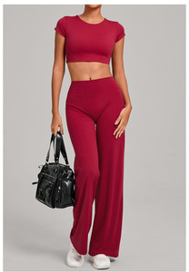 Completo Sportivo Traspirante con Maniche Corte e <span class=keywords><strong>Pantaloni</strong></span> Dritti, Abbigliamento Attivo Effetto Nudo, Set Yoga - Product Image 5