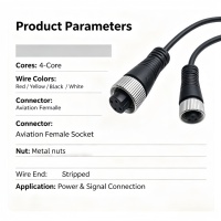 Conector M12 Personalizado OEM ODM, 4 Pines, Código A, Hembra, Aviación, Electrónico, Impermeable, PVC, Conductor de Cobre Estañado, Arnés de 300V