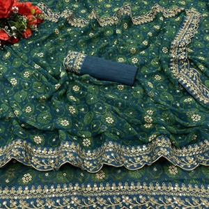 Sari en Georgette Chiffon à Imprimé Floral et Broderies Métallisées avec Blouse Non Cousue - Product Image 3