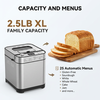 Máquina para Hacer Pan Eléctrica Automática Shinechef SC-3207 25 en 1 con Dispensadores de Levadura y Frutos Secos para Uso Doméstico