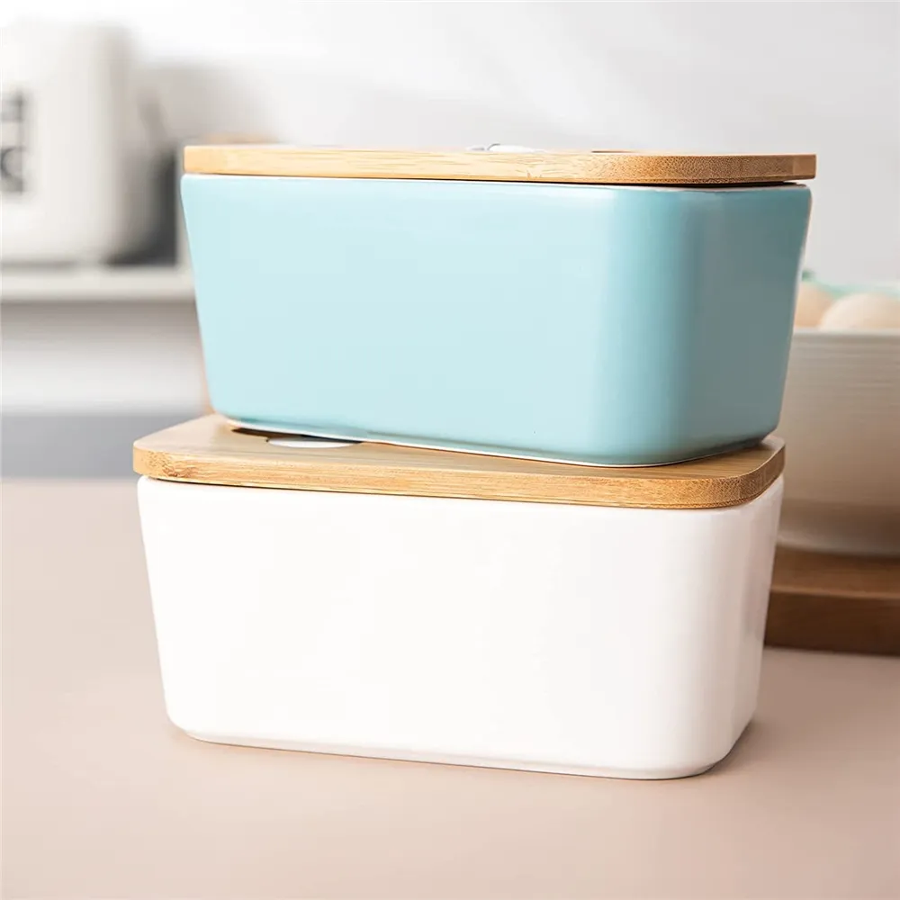 Household Kitchen Rectangle Ceramic Butter Dish with Stainless Steel Knife Bamboo Lid Set