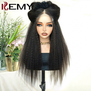 KEMY HAIR Parrucca Kinky Straight Yaki all'ingrosso, senza colla, in capelli umani brasiliani misti con fibra sintetica HD trasparente 4*6 Lace - Product Image 1
