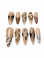 Lot de 10 faux ongles longs en forme de stiletto, faits à la main, motif léopard et zèbre de luxe, en gel, réutilisables, avec fleurs 3D et chaîne