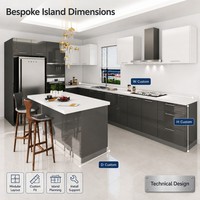 Armário de Cozinha Moderno em Aço Inoxidável Cinza e Branco, Ilha de Alto Brilho, Armários Modulares Personalizados com Pia de Mármore em Cascata, Móveis B2B