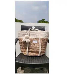 Sac à main en Jute pour femmes, fourre-tout tendance, sac avec pompon blanc et pompon de style indien, accessoires et tendance, nouvelle collection 2020 - Product Image 1