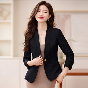 Women's Short Blazer Apricot Color Solid Polyester Anti-Wrinkle Professional Formal Wear Petite Fit Autumn Winter 2024 - Product Image 2