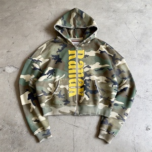 Sudadera con capucha de algodón 100% para hombre, estilo vintage, con cremallera, lavado ácido, estampado de camuflaje, con cuentas, serigrafía, efecto desgastado, corte cropped y holgado, ideal para primavera. - Product Image 2
