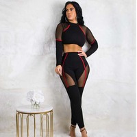 Nouvel ensemble de sport en maille patchwork deux pièces pour femme, vêtements de yoga et de fitness, manches longues, dentelle, tenue de sport