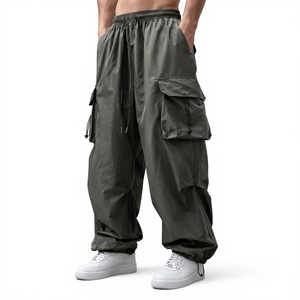 Pantalon cargo harem gris foncé pour homme, taille élastique avec cordon de serrage, plusieurs poches, léger, respirant, style décontracté d'été - Product Image 1