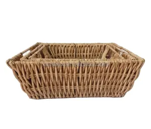 XH Set Of 3 Handwoven Organizer Rectangle Plastic Wicker Storage Basket Brown PP Rattan Durable Laundry Tray