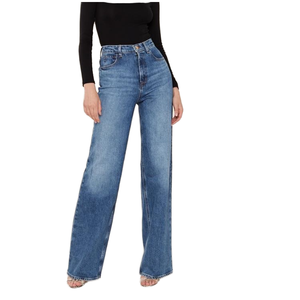 Jean en denim taille haute à jambe large pour femme, style vintage délavé, en coton, coupe ample, longueur intégrale, décontracté, style automne - Product Image 1