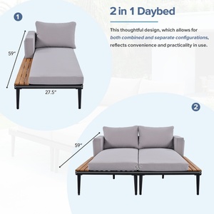Chaise longue d'extérieur 2-en-1 élégante, moderne et confortable, grise, avec plateau en bois et espaces latéraux, pour bord de piscine - Product Image 3