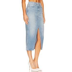 Jupes en jean pour femmes, coupe décontractée, avec fente avant, bleu délavé, de haute qualité, personnalisables, style créateur, vente en gros - Product Image 4