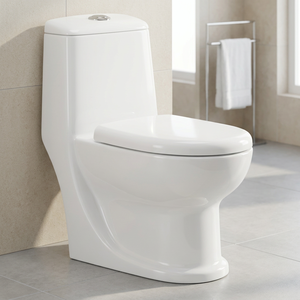 WC monobloc en céramique colorée, sans bride, à double chasse, à poser au sol, pour toilettes publiques, avec abattant à fermeture douce - Product Image 4