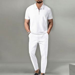 Conjunto de Verano de Dos Piezas para Hombre, Estilo Urbano, Ecológico, de Sarga, Color Sólido, Cuello Alto, Manga Corta, Venta al Por Mayor - Product Image 6