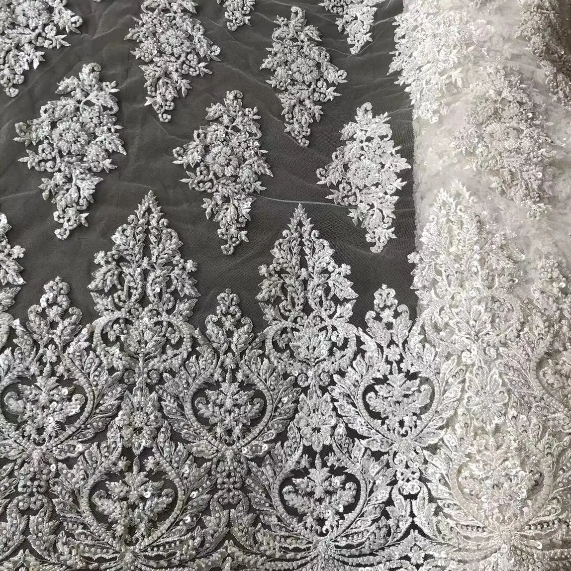 Lüks beyaz boncuklu dantel kumaş gelin kristal sequins ağır boncuklu kumaş düğün elbisesi