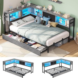 Cross-border metal wrought iron <b>bed</b> frame, simple corner floor-standing single <b>bed</b> with <b>LED</b> ambient lighting and drawer storage. - Product Image 5