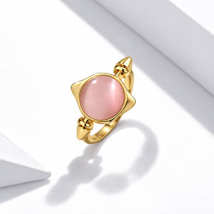 Anillo de Cuarzo Rosa, Acero Inoxidable, Chapado en Oro de 14K al Vacío, Cabujón Redondo, Anillo Geométrico - Product Image 1