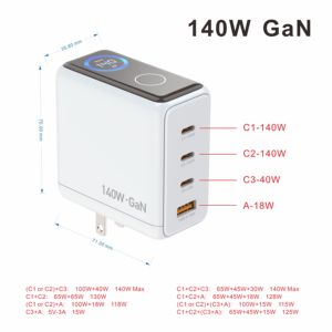 Cargador de Pared Inteligente con Pantalla Digital, 140W GaN, 4 Puertos, Carga Rápida de 40W Tipo <span class=keywords><strong>C</strong></span>, <span class=keywords><strong>18W</strong></span> <span class=keywords><strong>USB</strong></span> A, con Detección de Temperatura - Product Image 2
