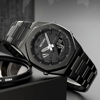 Montre à quartz pour homme de luxe à huit aiguilles Ana Digi à double affichage, résistante à l'eau 3BAR, bracelet en acier inoxydable lumineux LCD