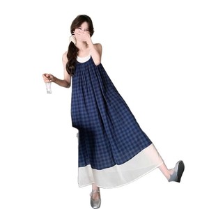 Blue Plaid Sleeveless Dress Women Elastic Waist Spaghetti Strap Contrast Color Leisure Casual Long Dress - Product Image 5