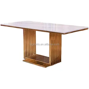 Mesa de comedor superior de mármol, muebles de diseño clásico para uso doméstico, mesa de acero inoxidable dorada