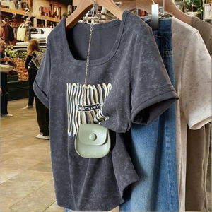 Camiseta de Verano para Mujer, Talla Grande, Informal, Transpirable, Ajustada, Holgada, Cuello Cuadrado, Manga Corta, Spandex/Poliéster, Antiencogimiento - Product Image 2