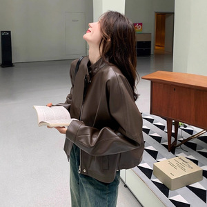 2025 Autumn Melard High-End Women's Small Leather <strong>Jacket</strong> Coffee Color Street Style Zipper Genuine Leather <strong>Petite</strong> <strong>Biker</strong> Style - Product Image 1