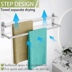 Porte-serviettes mural double sans perçage pour salle de bain, séchoir à serviettes, support de rangement à 2 niveaux, couleur argent - Product Image 2