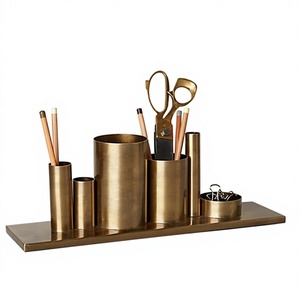 Brass Desk Organizer <b>Pen</b> Holder <b>Gold</b> Plated Modern Office Stationery Stand Rectangle Shape Home Decoration - Product Image 1