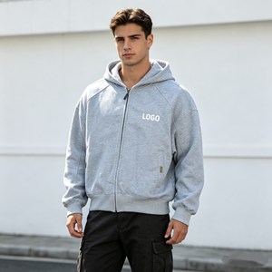 Sweat à capuche zippé pour homme, effet déchiré et vieilli, impression en relief délavée à l'acide, en molleton bouclette 550G 100% coton, service OEM - Product Image 2